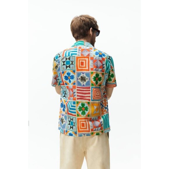 ZARA Multi Color Tile Printed 100% Cotton Short Sleeve Hawaiian Shirt, Size M - Picture 2 of 12